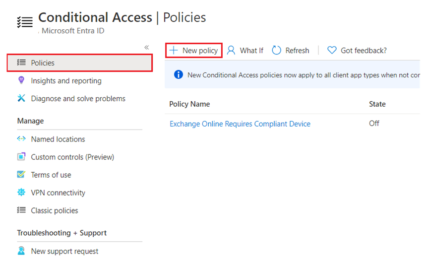 Screenshot of the Microsoft Entra Conditional Access screen with Policies selected.