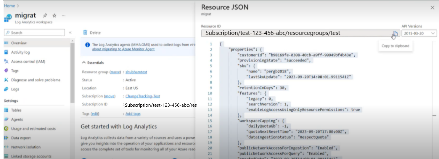 Zrzut ekranu przedstawiający identyfikator obszaru roboczego usługi Log Analytics.