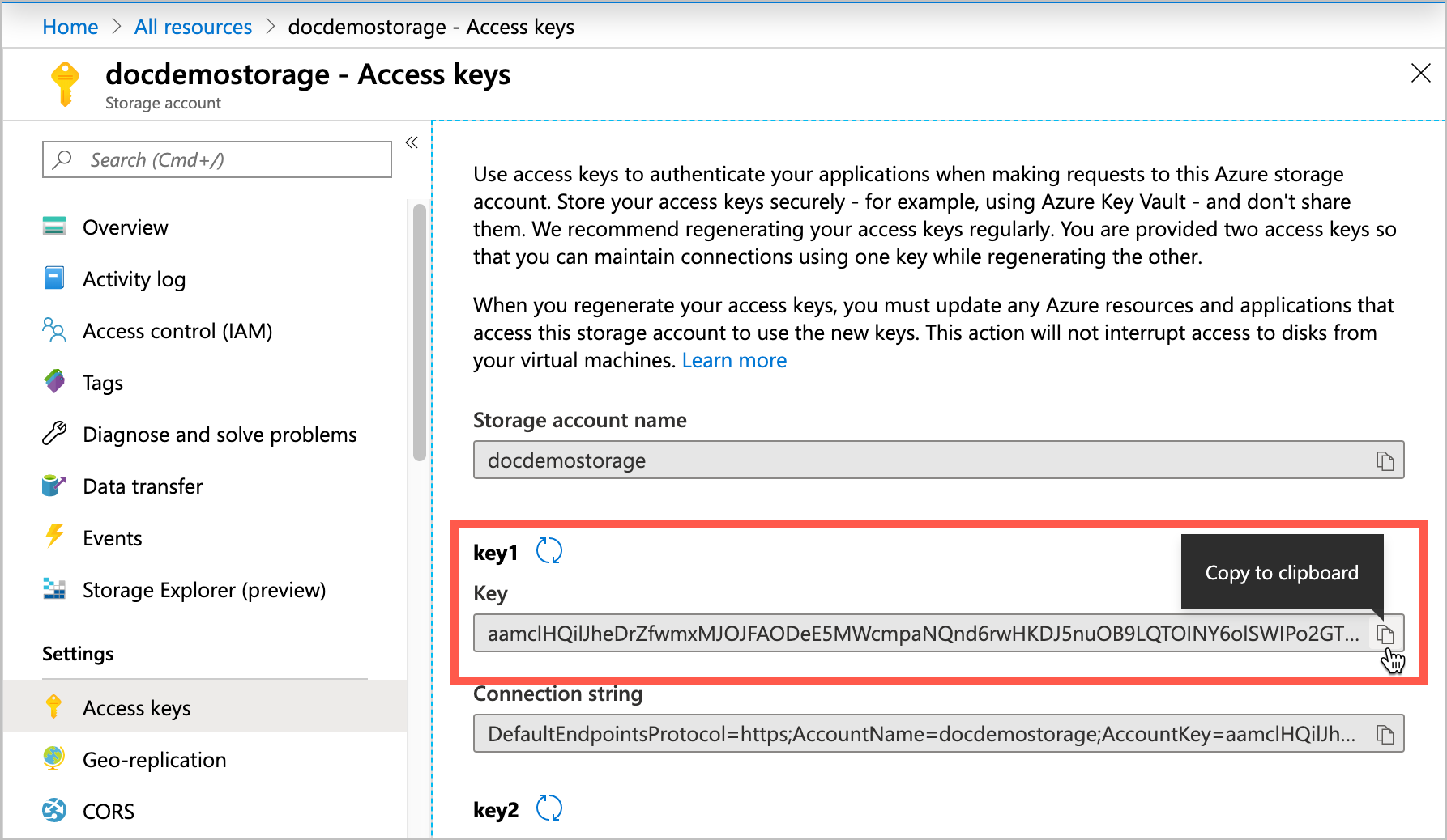 Azure portal GUI for copying the key