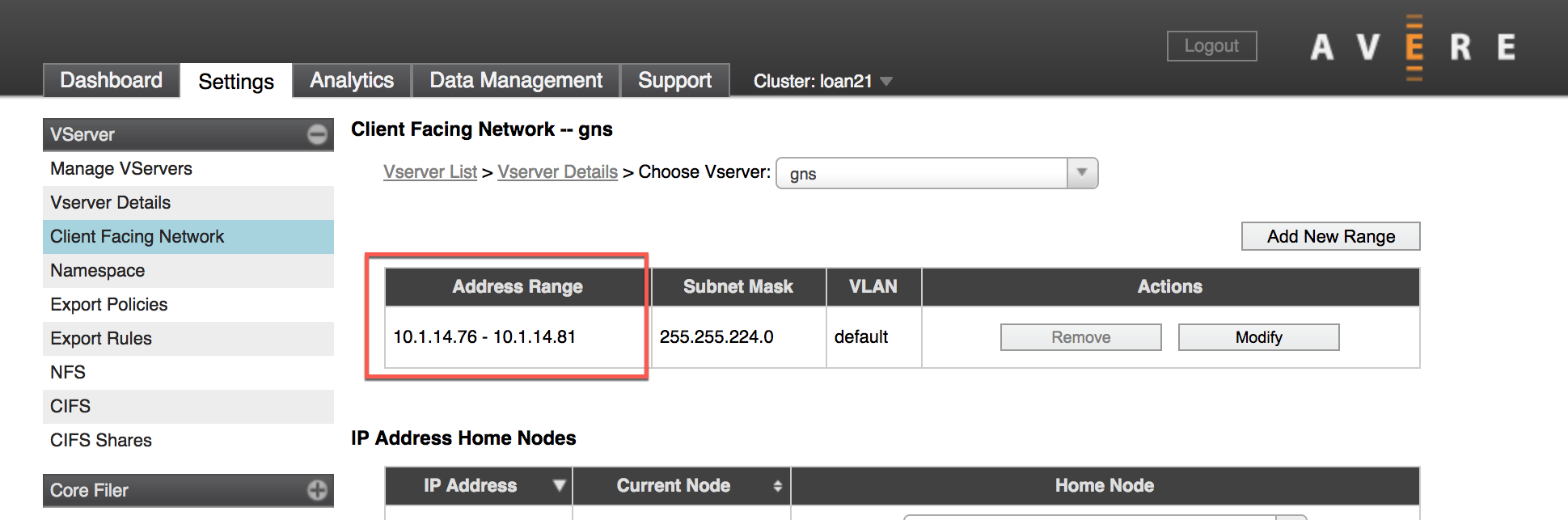Ustawienia > strony konfiguracji sieci klienta VServer > z okręgiem wokół sekcji Zakres adresów tabeli dla określonego serwera wirtualnego