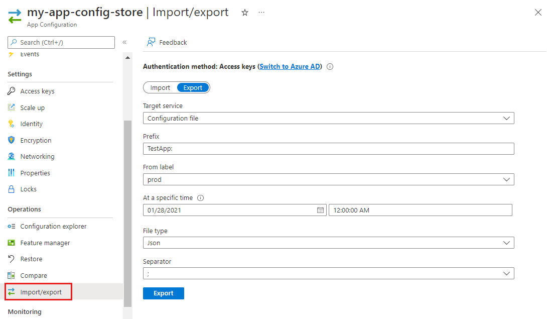 Zrzut ekranu przedstawiający Azure Portal eksportowanie pliku