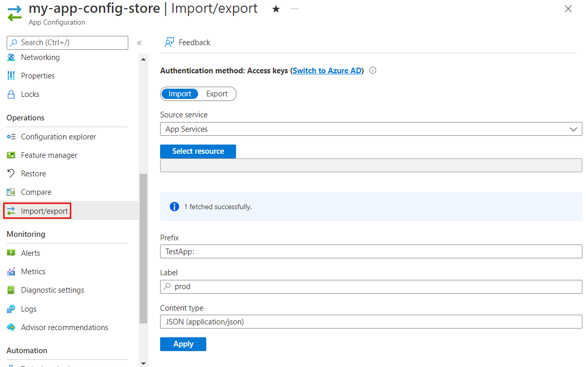 Zrzut ekranu przedstawiający Azure Portal importowania z App Service.