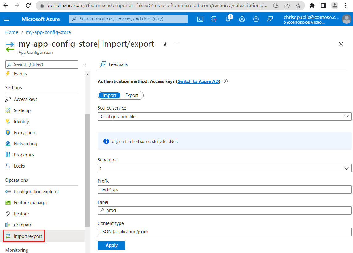 Zrzut ekranu przedstawiający Azure Portal importujący plik.