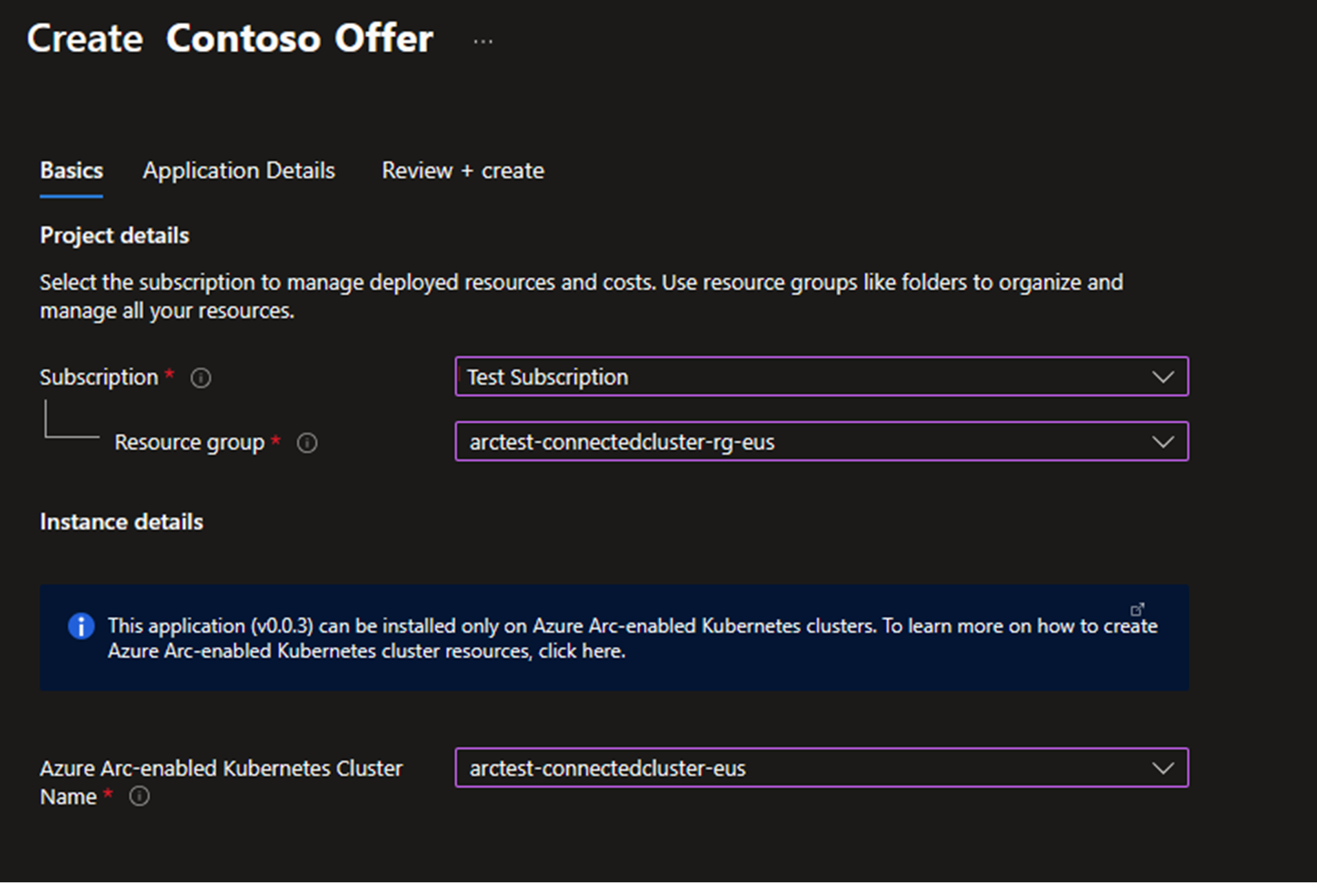 Screenshot showing the option to select a resource group and cluster for the Marketplace offer.