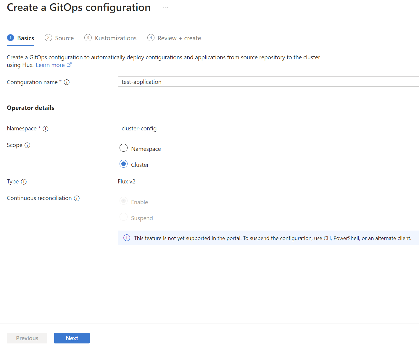 Zrzut ekranu przedstawiający opcje Podstawy konfiguracji usługi GitOps w Azure Portal.