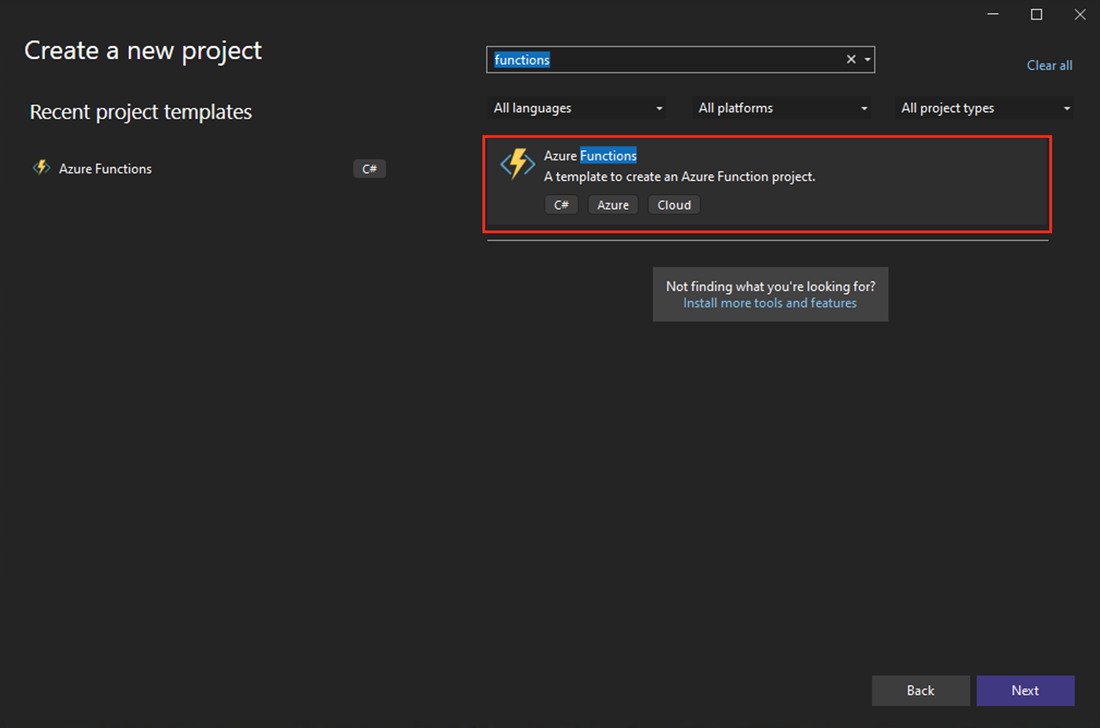 Zrzut ekranu okna dialogowego „Nowy projekt” w Visual Studio.