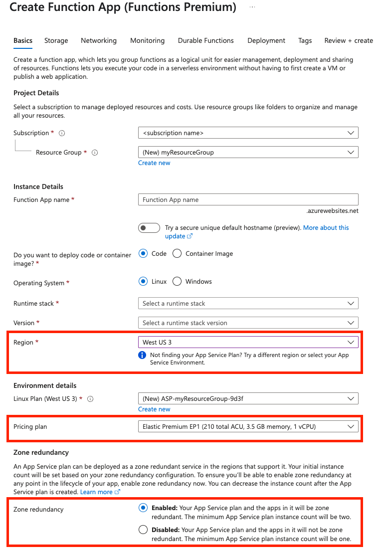 Zrzut ekranu przedstawiający kartę Podstawowe na stronie tworzenia aplikacji funkcji.