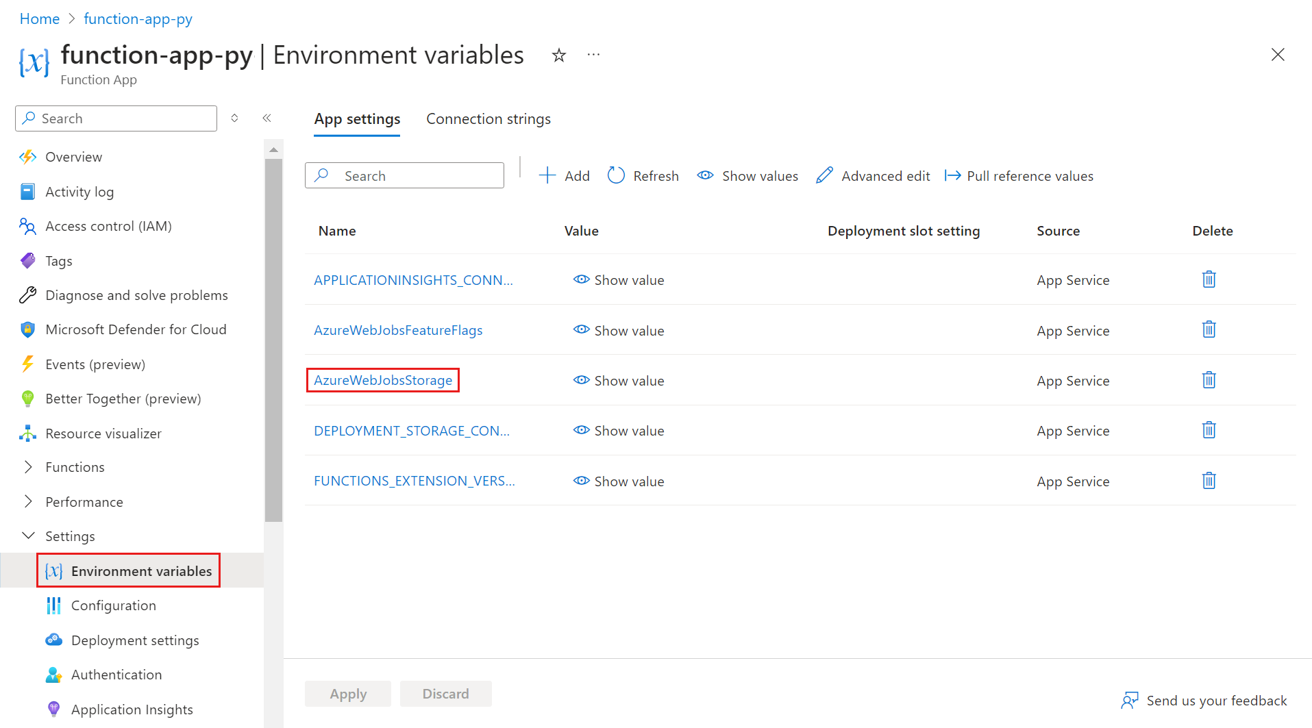 Zrzut ekranu przedstawia stronę Konfiguracja z wybraną usługą AzureWebJobsStorage.