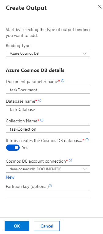 Konfigurowanie powiązania wyjściowego usługi Azure Cosmos DB.