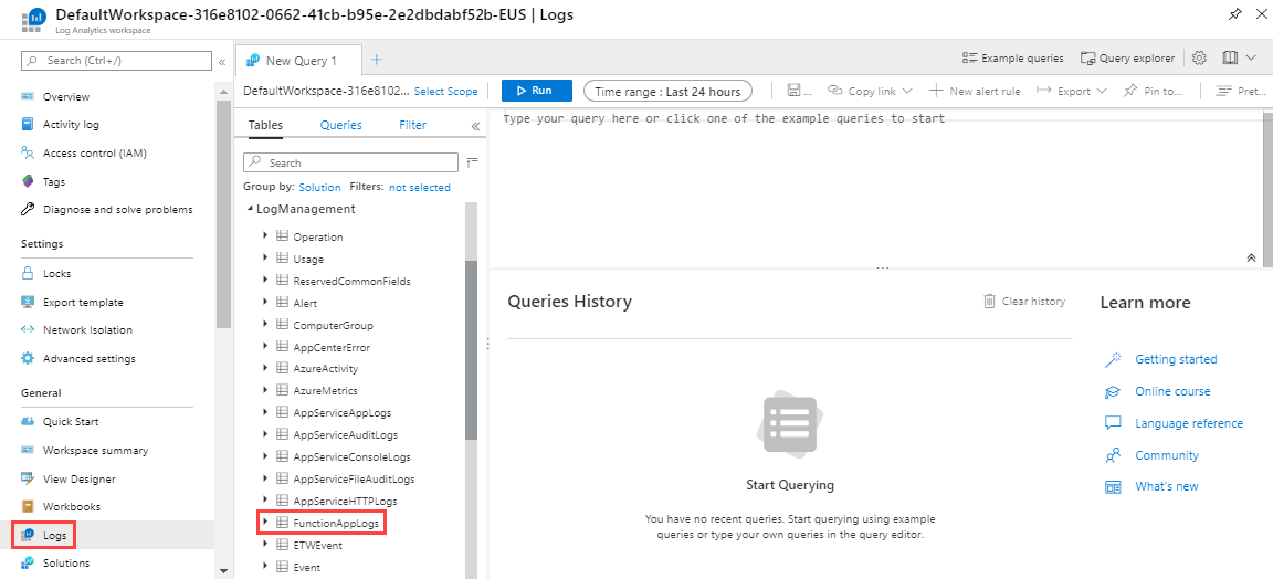 Zrzut ekranu przedstawiający okno Zapytanie dla usługi Azure Functions w obszarze roboczym usługi Log Analytics.