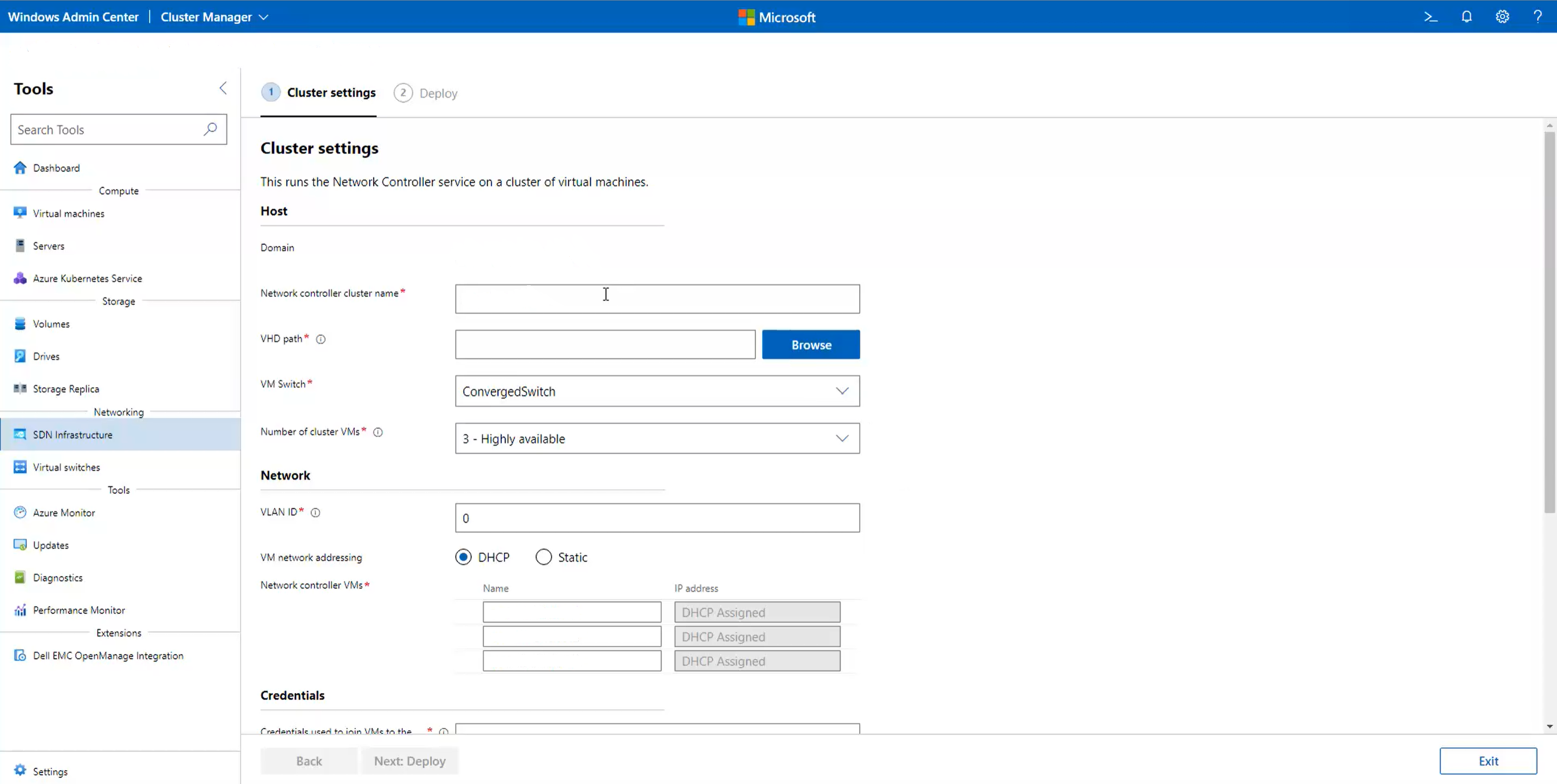 Kreator wdrażania sieci SDN w centrum administracyjnym systemu Windows