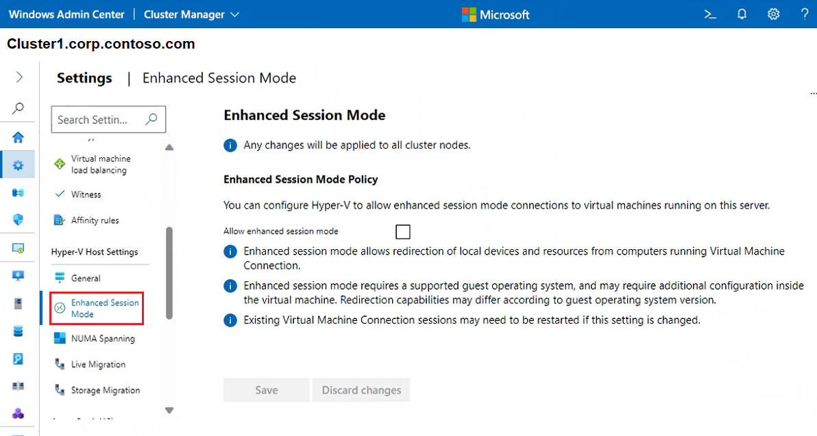 Zrzut ekranu przedstawiający ekran trybu rozszerzonej sesji funkcji Hyper-V klastra.