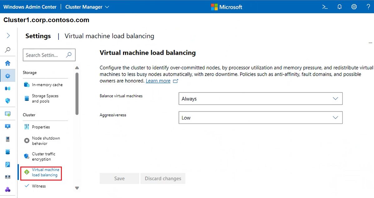 Zrzut ekranu przedstawiający ekran równoważenia obciążenia maszyny wirtualnej klastra.