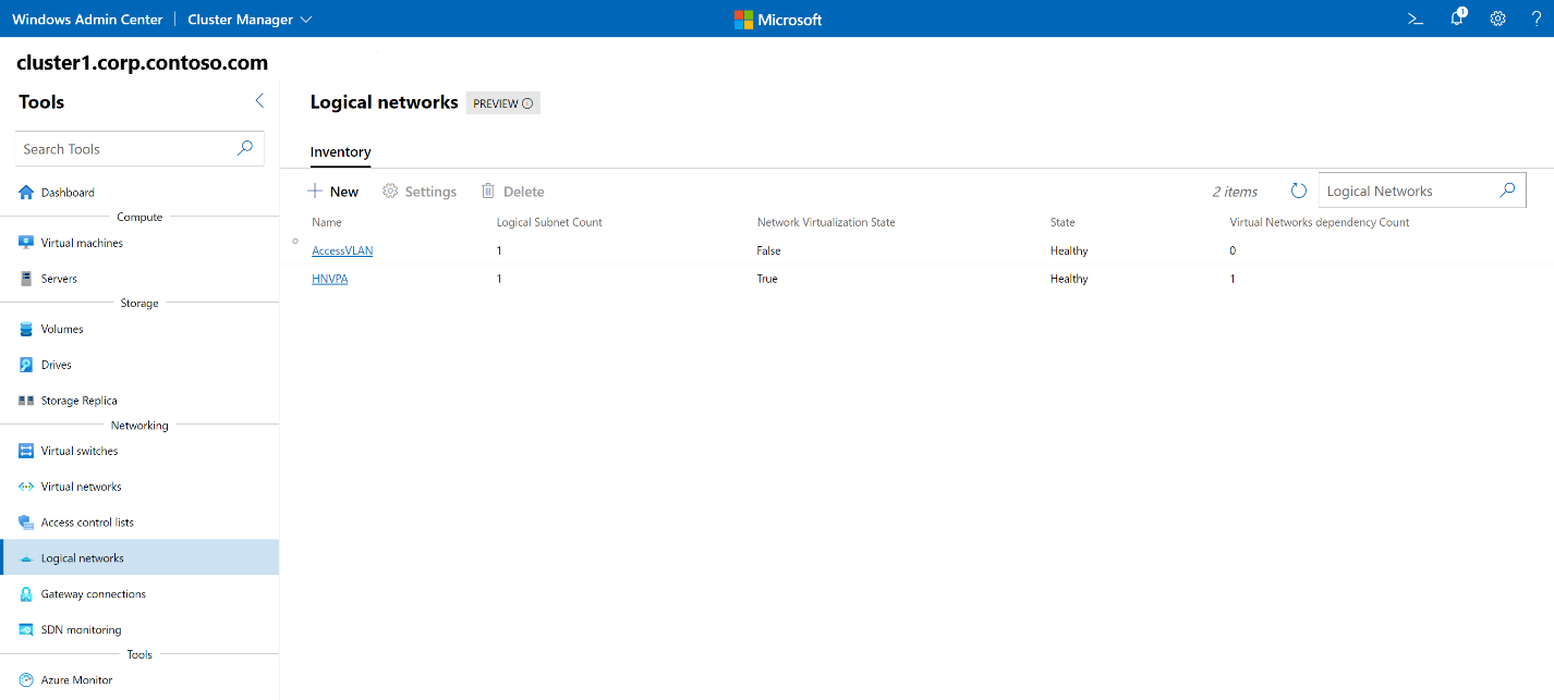 Zrzut ekranu głównego centrum Windows Admin Center przedstawiający okienko Spis sieci logicznych.