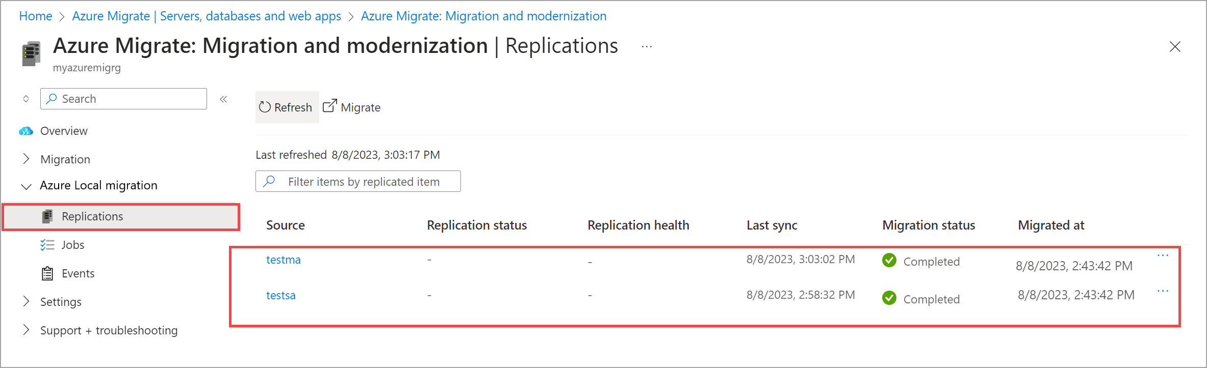 Zrzut ekranu przedstawiający stronę Migracja ze stanem migracji zgodnie z ukończeniem w witrynie Azure Portal.