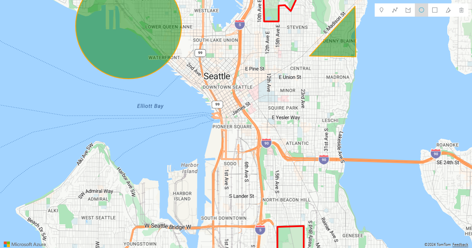 Zrzut ekranu przedstawiający różne kształty rysunku renderowane na mapie.