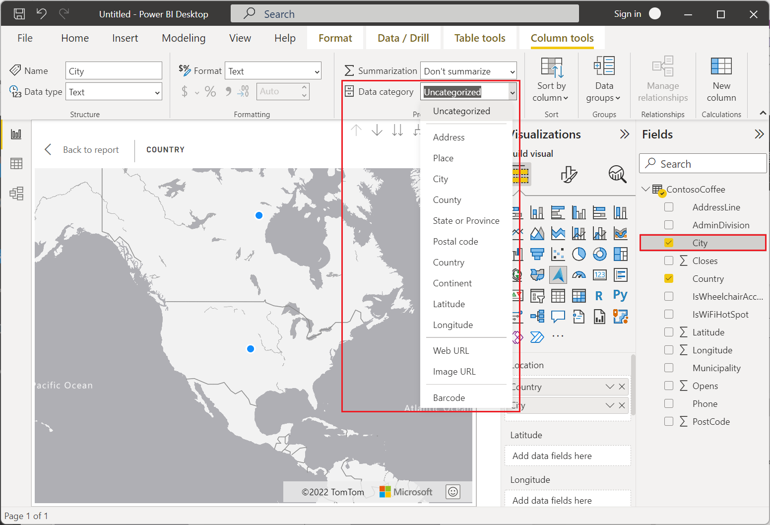 Zrzut ekranu przedstawiający listę rozwijaną kategorii danych w programie Power BI Desktop.