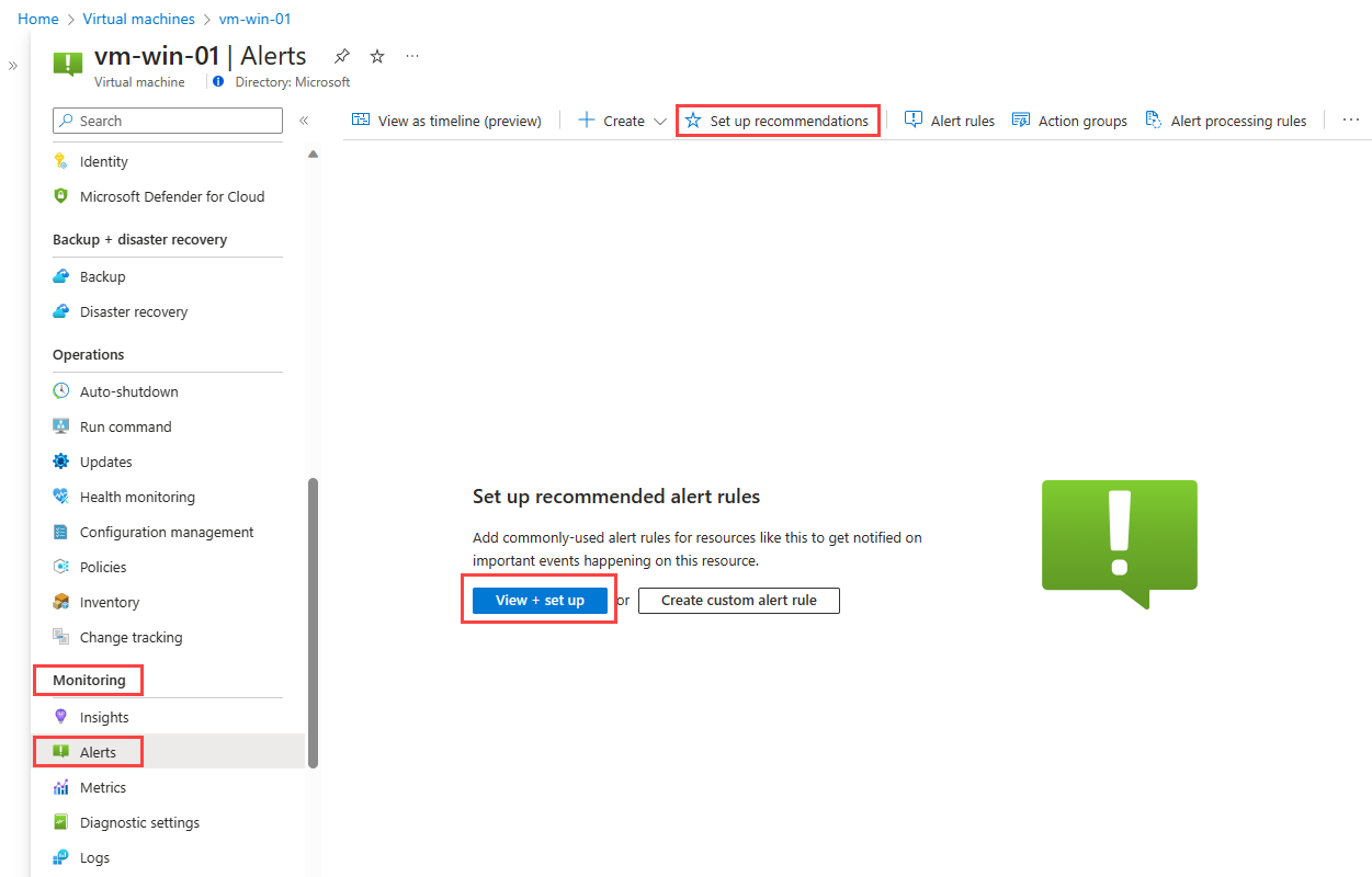 Zrzut ekranu przedstawiający stronę alertów z linkiem do zalecanych reguł alertów.