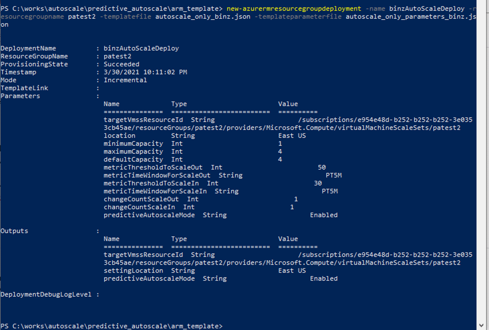 Zrzut ekranu przedstawiający dane wyjściowe polecenia programu PowerShell z poprzedniego polecenia podczas uruchamiania szablonów usługi Azure Resource Manager w celu wdrożenia predykcyjnego automatycznego skalowania.