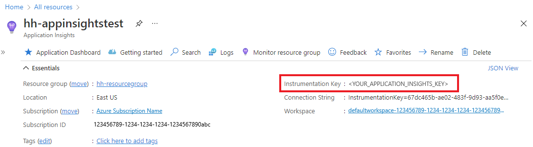Zrzut ekranu przedstawiający znajdowanie klucza instrumentacji w Azure Portal.