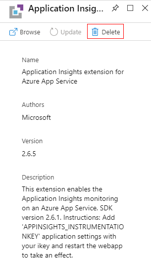Zrzut ekranu przedstawiający rozszerzenia App Service z rozszerzeniem usługi Application Insights dla Azure App Service za pomocą przycisku Usuń.