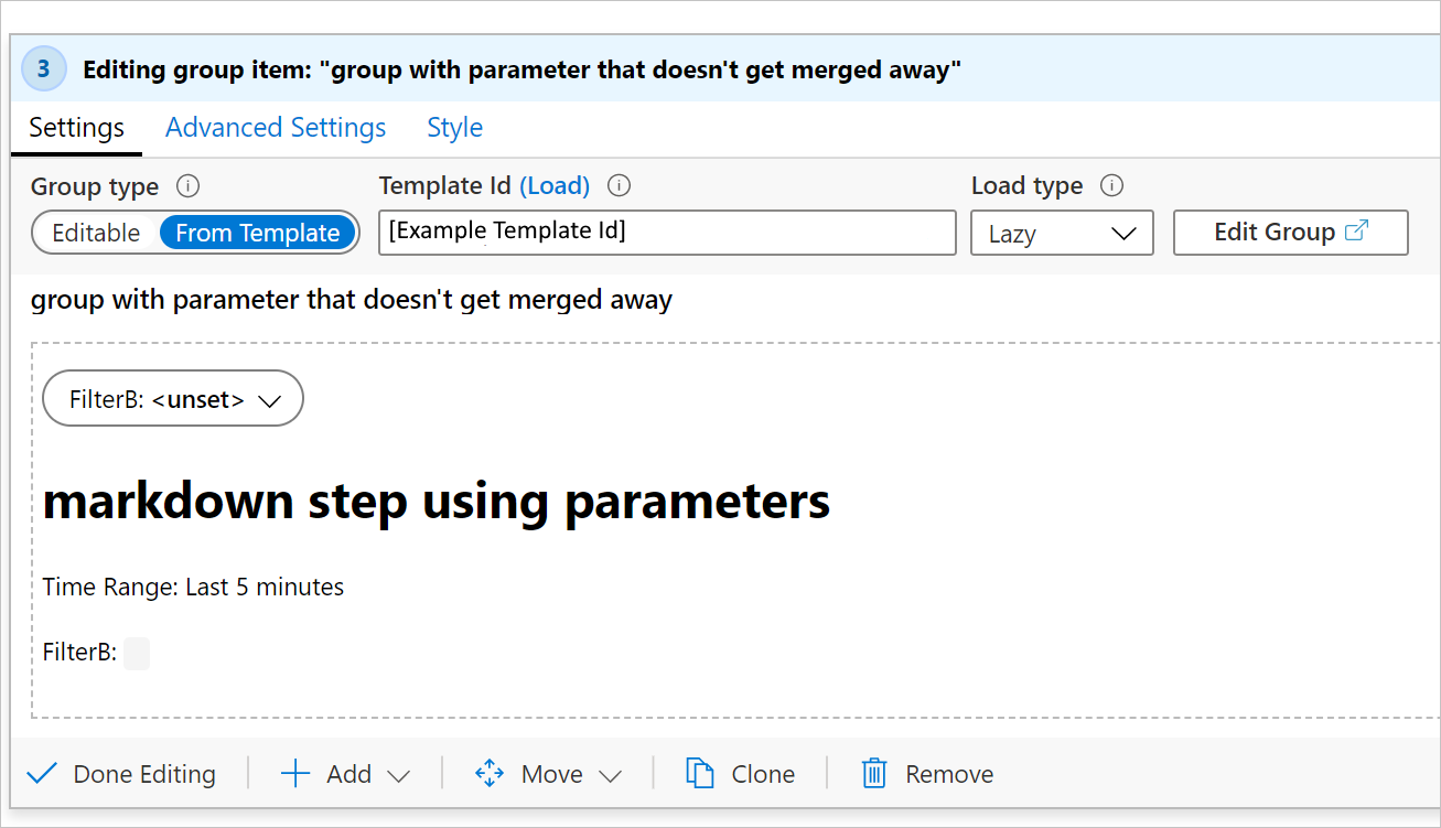 Screenshot of workbook group where parameters won't merge away.