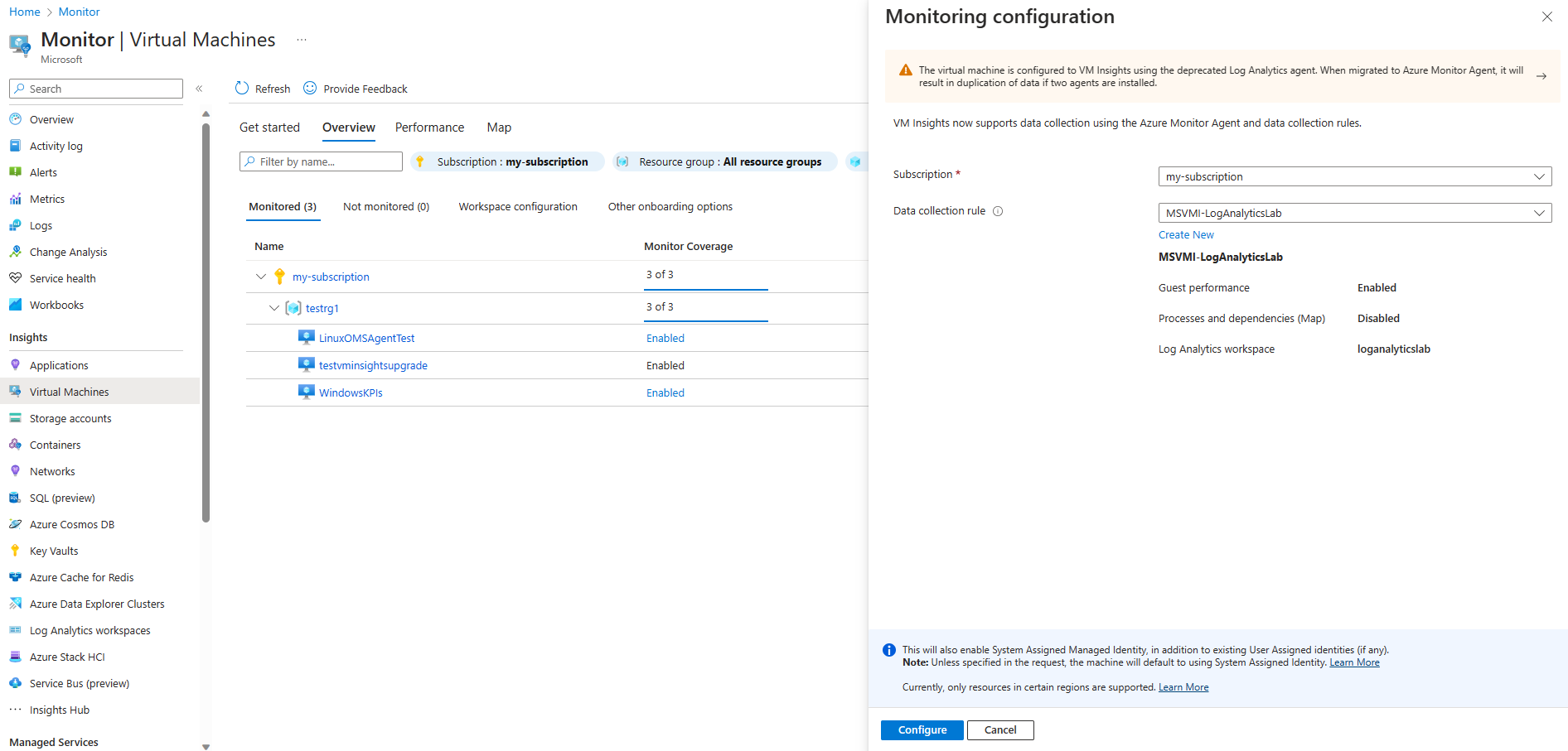 Screenshot of VM Insights Agent Configuration Page.