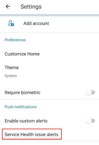 Zrzut ekranu przedstawiający sekcję alertów dotyczących problemów z usługą Service Health na stronie Ustawienia w aplikacji mobilnej platformy Azure.