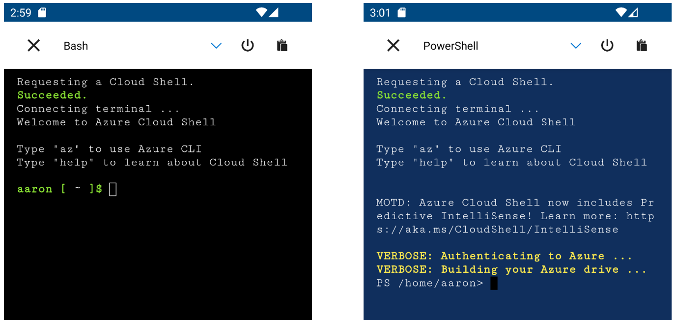 Zrzut ekranu przedstawiający opcje powłoki Bash i programu PowerShell dla usługi Cloud Shell w aplikacji mobilnej platformy Azure.