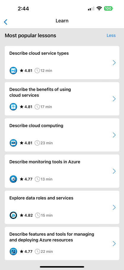 Zrzut ekranu przedstawiający 10 najpopularniejszych lekcji w aplikacji mobilnej platformy Azure.