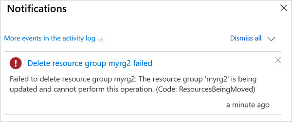 Zrzut ekranu witryny Azure Portal przedstawiający komunikat o błędzie podczas próby usunięcia grupy zasobów zaangażowanej w trwającą operację przenoszenia.