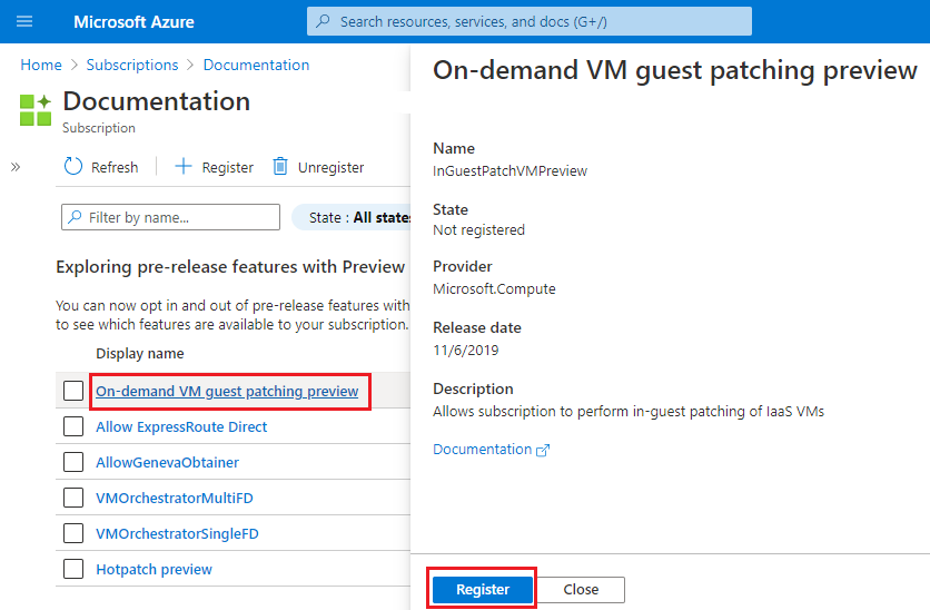 Zrzut ekranu witryny Azure Portal z przyciskiem Zarejestruj dla funkcji w wersji zapoznawczej.