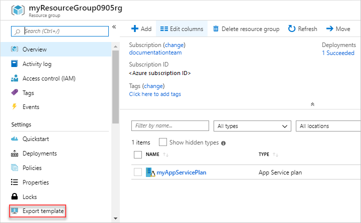 Zrzut ekranu przedstawiający opcję Eksportuj szablon w witrynie Azure Portal.