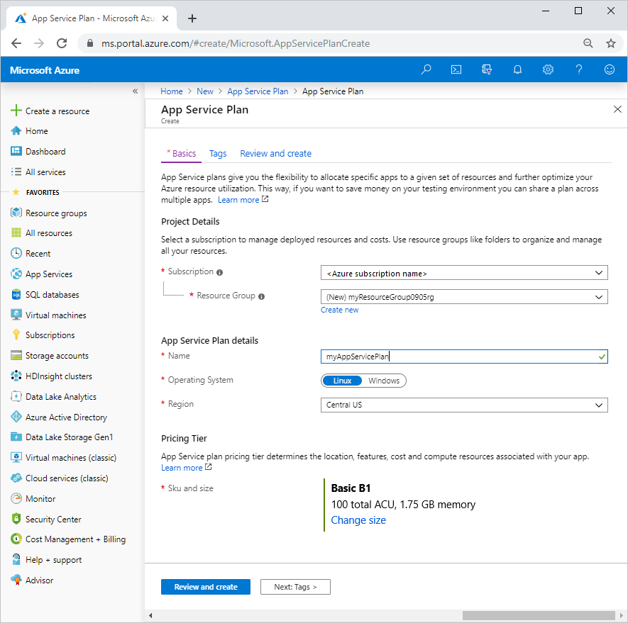 Zrzut ekranu przedstawiający stronę Tworzenie planu usługi App Service w witrynie Azure Portal.