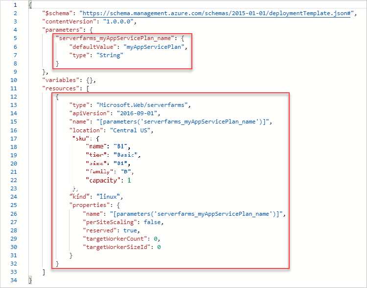 Zrzut ekranu przedstawiający wyeksportowany kod JSON szablonu w witrynie Azure Portal.