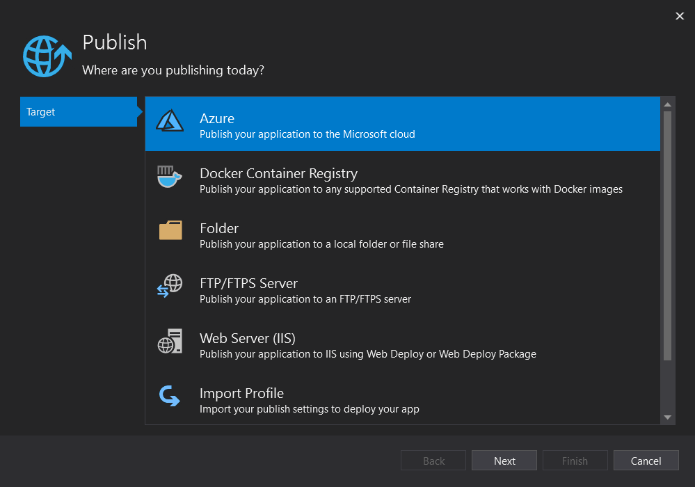 Animacja przedstawia wybór platformy Azure jako miejsca docelowego, a następnie aplikacja systemu Azure Service jako określony element docelowy.
