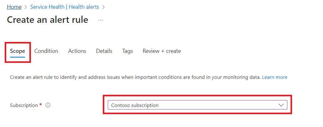A screenshot of the Azure portal page where you select the subscription where you will be configuring the health alert.