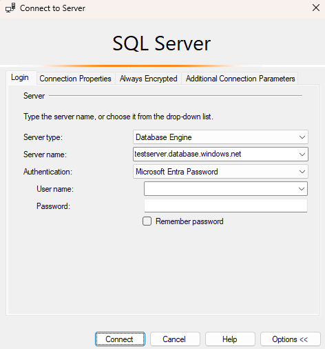 Zrzut ekranu z programu SSMS przy użyciu uwierzytelniania za pomocą hasła firmy Microsoft.