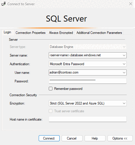 Zrzut ekranu z SSMS przy użyciu uwierzytelniania hasłem Microsoft Entra.