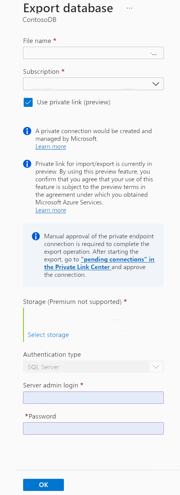 Zrzut ekranu z witryny Azure Portal przedstawiający sposób włączania funkcji Eksportuj łącze prywatne.