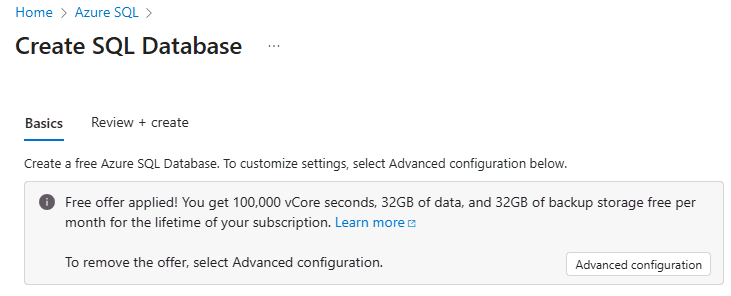 Zrzut ekranu przedstawiający witrynę Azure Portal z banerem Zastosowano bezpłatną ofertę.