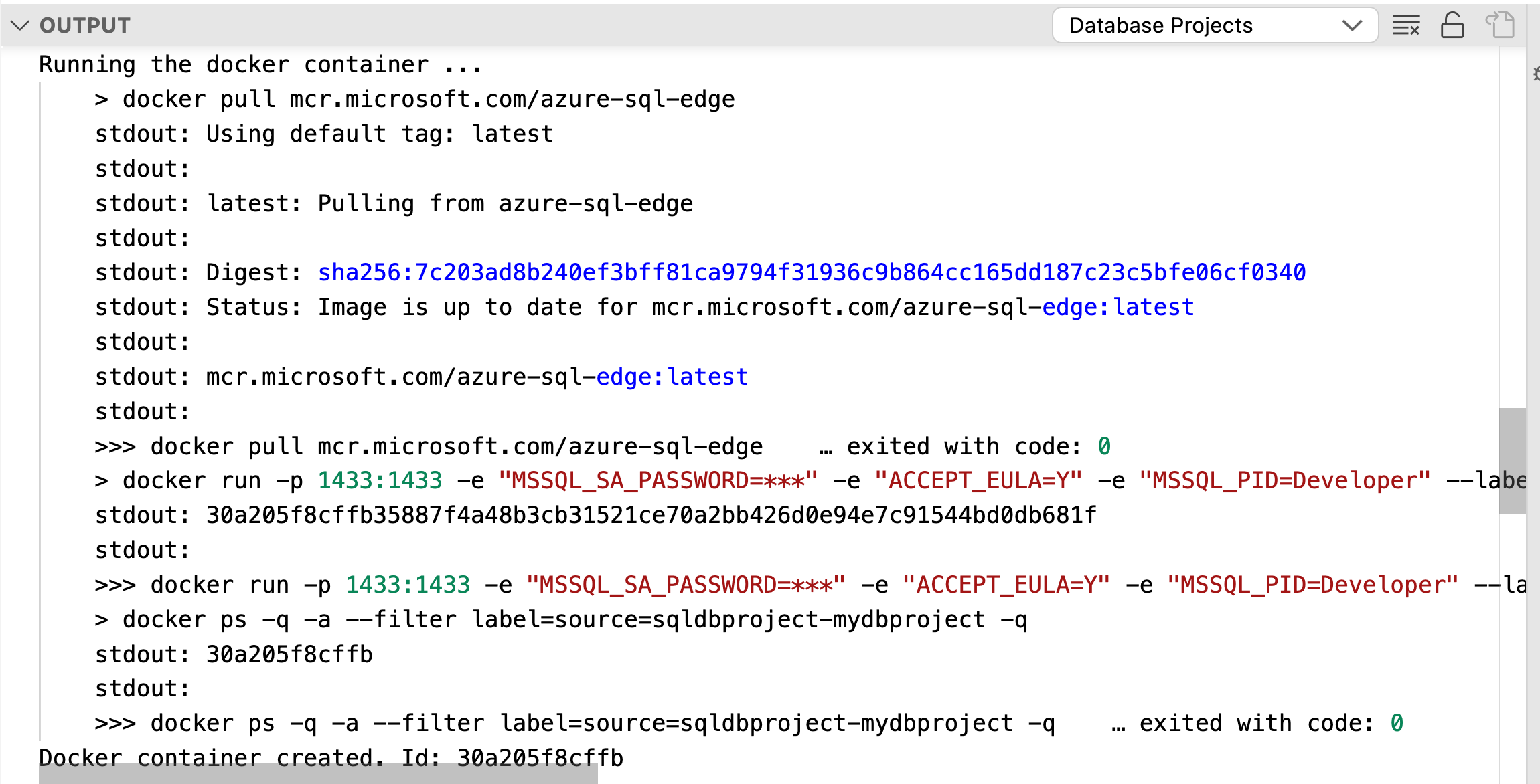 Zrzut ekranu przedstawiający zarządzanie emulatorem usługi Azure SQL Database za pomocą języka C L I.