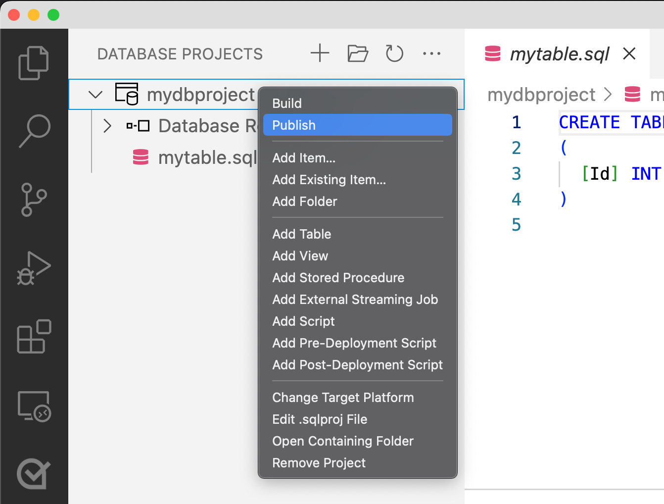 Zrzut ekranu przedstawiający wybieranie pozycji Publikuj w menu Projekt usługi SQL Database w programie Visual Studio Code.