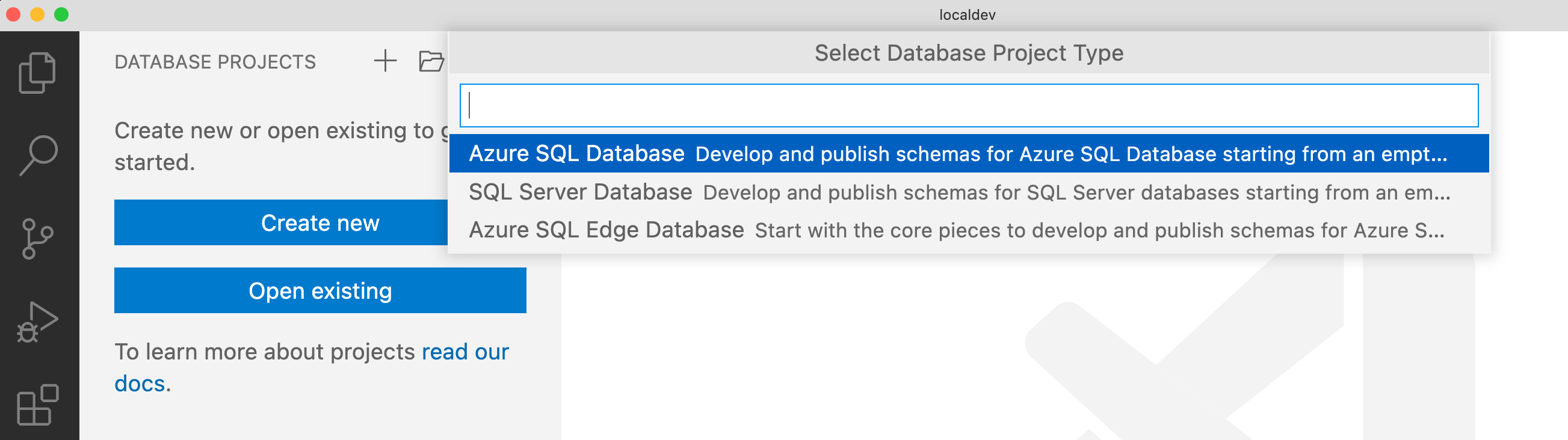 Zrzut ekranu przedstawiający wybieranie typu projektu bazy danych w programie Visual Studio Code.