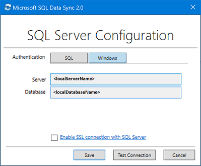 Zrzut ekranu aplikacji agenta klienta microsoft SQL Data Sync 2.0. Dodawanie i konfigurowanie bazy danych programu SQL Server.