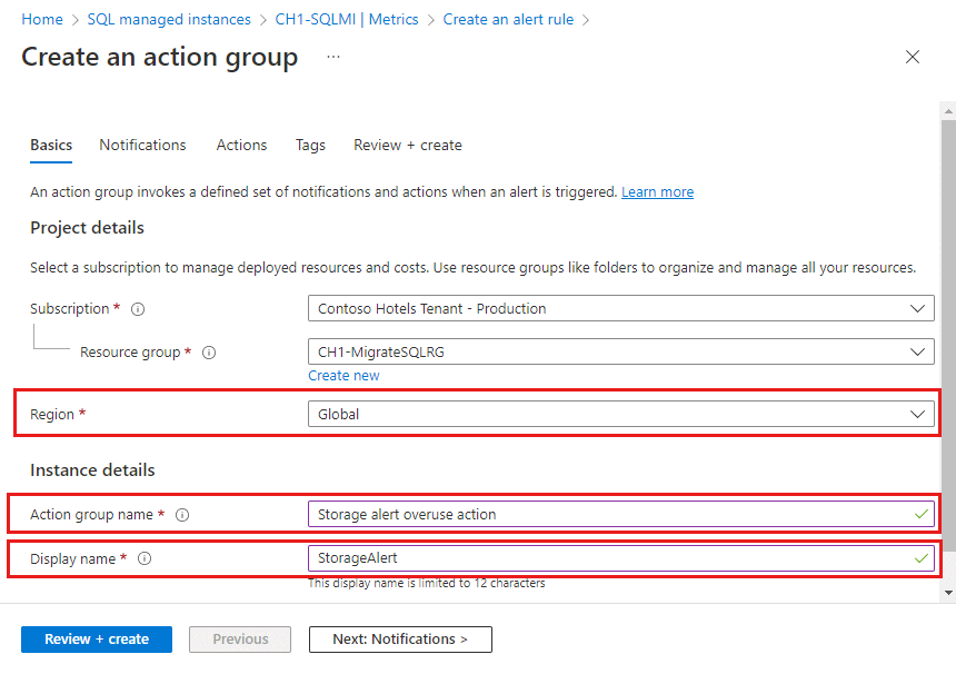 Zrzut ekranu przedstawiający kartę Podstawy okna dialogowego Tworzenie grupy akcji w witrynie Azure Portal.