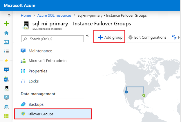 Screenshot of adding a failover group page in Azure portal.
