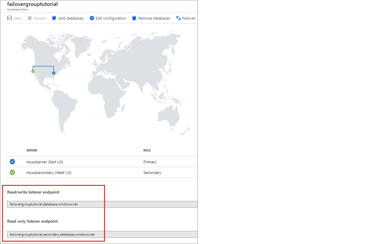 Zrzut ekranu przedstawiający lokalizację parametry połączenia grupy trybu failover w witrynie Azure Portal.