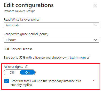 Zrzut ekranu przedstawiający panel Grupy trybu failover w portalu oraz wyróżnione uprawnienia trybu failover.