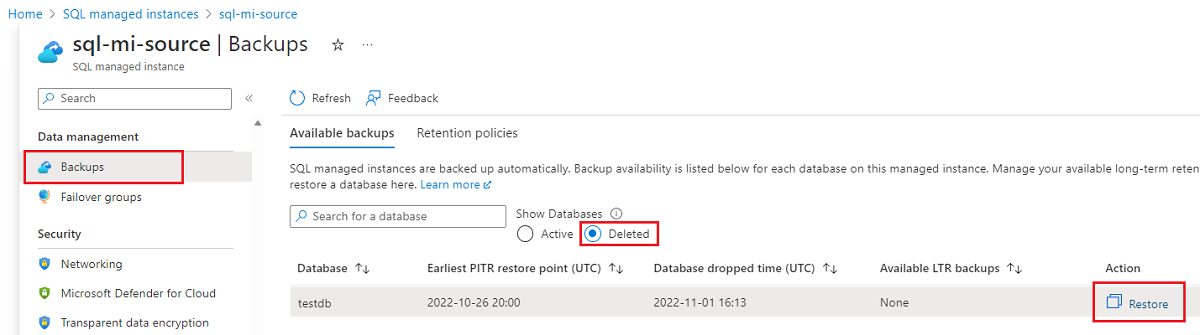 Screenshot that shows available databases in the portal, with the Restore button highlighted to restore a deleted database.